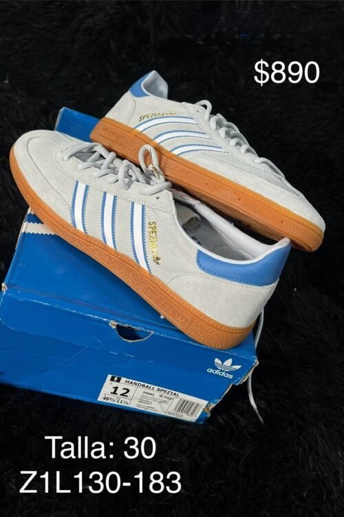 Tenis Adidas Handball Spezial gris claro con azul talla 30 MX en su caja