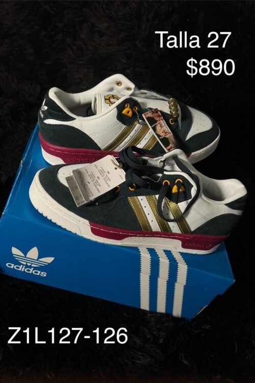 Tenis Adidas Rivalry Low blanco con negro y dorado talla 27 MX en su caja