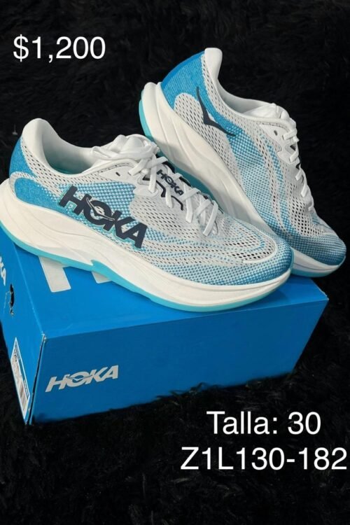 Tenis Hoka blanco con azul talla 30 MX en su caja