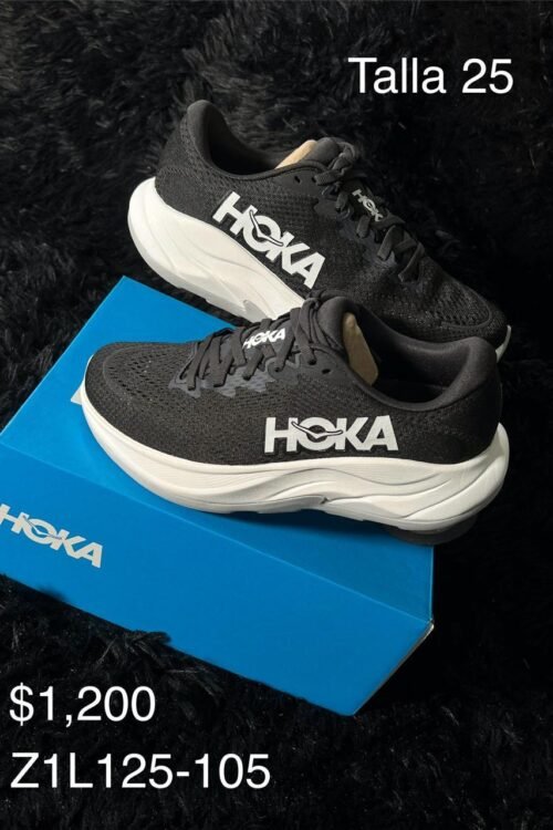 Tenis Hoka negro con blanco talla 25 MX en su caja