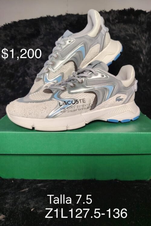 Tenis Lacoste beige con plata y azul talla 27.5 MX en su caja