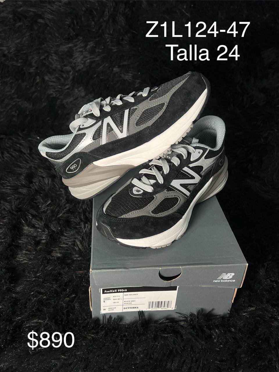 Tenis New Balance 990v6 negro con gris talla 24 MX en su caja