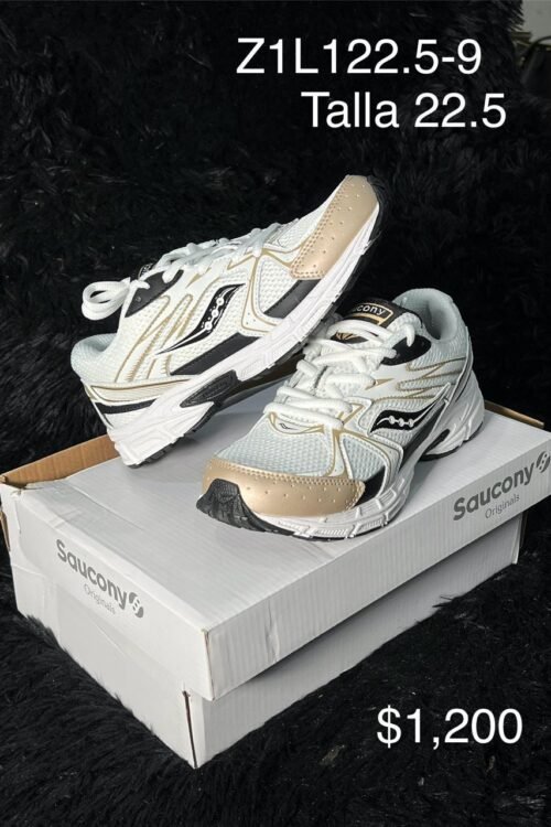 Tenis Saucony blanco con dorado talla 22.5 MX en su caja